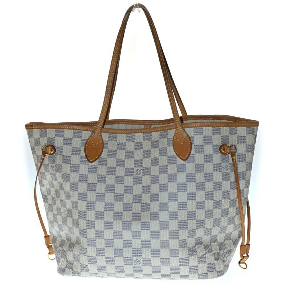 Louis Vuitton Damier Azur White Neverfull Tote Bag Handbag Brown Leather